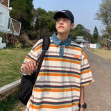Aidase Japanese Harajuku Style Street Color-blocked Striped Short-sleeved Lapel Shirts Men Women Trendy Hip-hop Loose Casual T-shirts aidase-shop