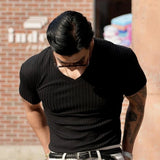 AIDASE  -  Classic V Neck Solid Color Ribbed Basic T Shirts Men's Slim Short Sleeve Strech Sports Tees Men Clothes Summer Fashion Pullovers aidase-shop