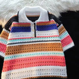 Aidase Dopamine Striped Kint Polo Shirt For Men Vintage Loose Short Sleeve Tops New Fashion Hollow Out knitting Color Blocked Tshirts