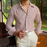 Aidase Business Stripe Shirts Men's Cuba Collar Long Sleeve Shirt British Fashion Slim Shirt Trend Men Shirt Office Tuxedo Shirt Social aidase-shop