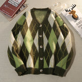 Aidase Japanese Retro Rhombus V-neck Cardigan Sweater Men in Spring Autumn Loose Thickened Sweater Casual Lazy Style Jacket Aesthetic aidase-shop