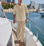 AIDASE  -  Men's Cotton and Linen Shirt Long Pants Two-piece Set Fashionable Henry Collar Long Sleeved Shirt Casual Vacation Beach Pants aidase-shop