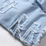 AIDASE  -  Men Fringe Patch Ripped Denim Shorts Summer Patchwork Jeans Casual Loose Straight Knee Length Breeches aidase-shop