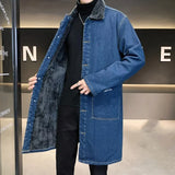 Aidase Men's Mid-length Trench Coat Winter Thickened Fleece Loose Large Size Lamb Wool Turndown Collar Single Breasted Denim Jacket aidase-shop