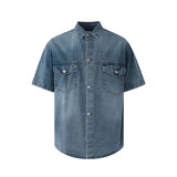 AIDASE  -  Summer New Men's Tide Korean Stylish Elegant Fashion Washed Denim Shirt Chic Casual Short Sleeve Vintage Shirts Tops aidase-shop