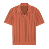 AIDASE  -  Fashion Jacquard Knitted Polo Shirt Men Short Sleeved V-neck Tops Stripe Knit Tshirts British Style Ice Silk Casual Knitwear aidase-shop