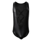 AIDASE  -  Mens PU Leather Bodysuits Sleeveless Leotard Front Hollow Out Rompers Faux Leather Jumpsuit Wrestling Singlet Nightclub Bodysuit aidase-shop