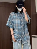 AIDASE  -  Loose Summer irt Retro Plaid Oversize Men Women ort Sve Casual Couple Top Trendy Thin Material Flip Collar Other Scene aidase-shop