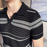 Aidase Men's slim fit Polo shirt, jacquard knit short sleeve shirt, T-shirt V-neck color-blocked Polo shirt, 2024 high quality, M-3XL. aidase-shop