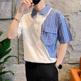 Aidase Fashion Stripe Patchwork Polo Shirts For Men Short sleeve Tee Tops Summer Trendy Contrast Color  Fake Two Polos Tshirts Clothing