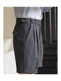 AIDASE  -  Summer Thin Naples Shorts Men British Style Paris Waist Buckle Button Straight  Knee Length Pants Vintage Business Casual Shorts aidase-shop