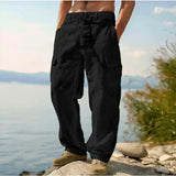AIDASE  -  Men's Cotton Linen Cargo Pants Elastic Waist Drawstring Multi-Pocket Loose Wide Leg Casual Summer Trousers For Hiking Travel aidase-shop
