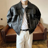 AIDASE  -  Autumn American Vintage PU Leather Coats Men's Loose Short Motorcycle Faux Leather Jacket Couple Metal Zipper Cargo Outwear aidase-shop