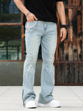AIDASE  -  Men Light Blue Solid Color Casual Simple Daily Trendy Floor Length Flared Denim Trousers American Style Four Seasons Jeans Pants aidase-shop
