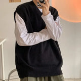 Aidase Plain Sleeveless Knitted Sweaters for Men Solid Color Man Clothes Waistcoat V Neck Vest White A Thick Winter Korean Autumn Baggy