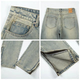 Aidase Streetwear Vibe Distressed Washed Trousers Jeans Yellow Mud Dyed Zipper Split Slim Straight Jeans Men Retro Jeans Vintage Y2k