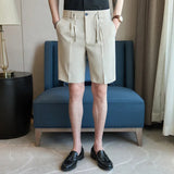 AIDASE  -  Men's Elastic Waist Suit Shorts Summer Solid Drawstring Business Casual Knee Length Pants Male Korean Fashion Short Trousers aidase-shop