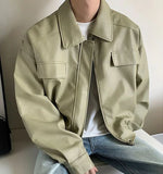 Aidase Men's Casual Texture PU Leather Jacket High Street Zippers Turn-down Collar Long Sleeve Retro Coat with Pocket Spring Autumn aidase-shop