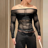 AIDASE  -  Men Off Shoulder Mesh Long Sleeve T Shirt See Through Slim Fit Muscle Tee Nightclub Party Stretch Bodycon Top aidase-shop