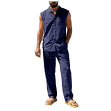 AIDASE  -  Suit Suits For Men Men'S Loose Fitting Beach Linen Casual Sleeveless Shirt And Straight Leg Trousers Suit Homecoming Men Attire aidase-shop