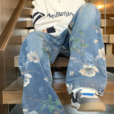 Aidase  Mens Fashion Floral Printed Jeans Korean Style Autumn Denim Pants High Street Loose Trousers Hip Hop Wide-leg Jean Pants