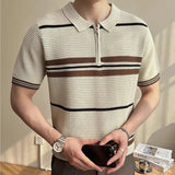 AIDASE  -  Summer Striped Knitted Shirt for Men, Business Casual Short Sleeve POLO, Half-Zip Breathable T-Shirt.Stretchable aidase-shop