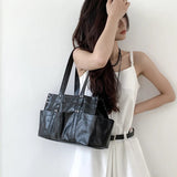 AIDASE  -  Korean Casual Tote Bags For Women Luxury Designer Handbags Purses New In PU Oil Wax Leather Rivet Multiple Pockets Shoulder aidase-shop