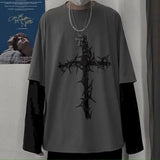 AIDASE  -  T-shirt Cross of Thorns fake two-piece for men women long-sleeved dark hip-hop loose large size autumn new trend top Simplicity aidase-shop