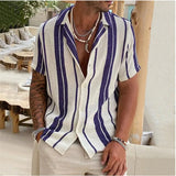 Aidase New Men's Slub Cotton Shirt Stripe Short Sleeve Collar Cardigan Summer Fashion Loose Oversize Shirts Top Streetwear Male
