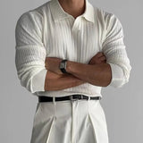 AIDASE  -  Men's Spring and Autumn Wear Solid Color Sweater Striped Stretch Lapel PulloverPOLOShirt aidase-shop