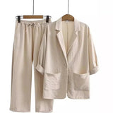 AIDASE  -  Women's Autumn Cotton Linen Suit Set Loose Casual Commuting Outfit Pocket Pants & Jacket Set Breathable Office Daily aidase-shop