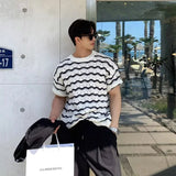 AIDASE  -  Summer Men's Knit Jacquard Short Sleeve T-shirts Striped Hollow Out Casual Tshirts New Y2K Vintage Streetwear Tee Tops aidase-shop