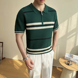 AIDASE  -  Summer Striped Knitted Shirt for Men, Business Casual Short Sleeve POLO, Half-Zip Breathable T-Shirt.Stretchable aidase-shop