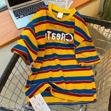 AIDASE  -  Design Sense Niche Chic Striped Contrasting Short-sleeved T-shirts Men Women Summer Retro American Fashion Vintage Shoulder Tops aidase-shop