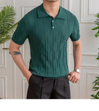Aidase British Slim Lapel Knitted Striped Casual Polo Shirt Summer Jacquard Lapel Neck Men's Solid Color Short-sleeved T-shirt aidase-shop