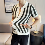 Aidase Slim Fit Men's Lapel Short Sleeve Shirt, Youth Stripes Cardigan, Stretchable, Breathable M-4XL Men's Striped Cardigan aidase-shop