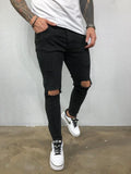 Men Jeans Black Blue Cool Skinny Knee Hole Ripped Stretch Slim Elastic Denim Pants Solid Color High Street Style Trousers Man aidase-shop