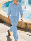 AIDASE  -  Trendy Solid Color Linen Sets Mens Long Sleeve Buttoned Lapel Shirt And Pants Linen Two Pieces Suits Autumn Men's Casual Outfits aidase-shop
