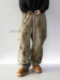 Aidase 2000s Distressed Wide Leg Jeans Men's Trousers Y2k Vintage Dirty Washed Pleated Barrel Denim Pants Hip Hop Streetwear
