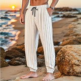 AIDASE  -  Men's Striped Linen Blend Beach Pants Elastic Waist Drawstring Casual Trousers aidase-shop