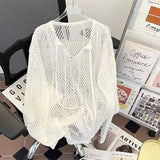 AIDASE  -  Loose Elastic Hollow Out Slightly Transparent Knitted Pullover Sweater Men Fall V-neck Long Sleeve Knit Shirts Streetwear aidase-shop