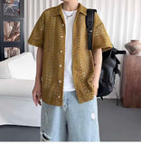 AIDASE  -  Niche Fashion Men's Shirts Floral Texture Hollow Out Design Short Sleeve Solid Color Lapel Single Breasted Shirt 21E6625 aidase-shop