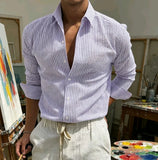 AIDASE  -  Spring Summer Men's Seersucker Striped Shirt Casual Long Sleeve Lightweight Breathable Slim Fit Fashion Trendy Daily Versatile aidase-shop
