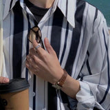AIDASE  -  Green Striped Shirt Men Long-sleeve Blouse Handsome Hong Kong Style Print Blouse Streetwear Loose Spring Autumn Jacket aidase-shop
