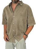 AIDASE  -  Mens Spring Summer Shirt Short Sleeve Loose Solid Retro Casual Holiday Blouse Breathable Lightweight Beach Button Shirt aidase-shop
