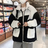 AIDASE  -  Casual Men's Lamb Velvet Cotton Jacket Loose Fit Street Style Autumn Winter Versatile Cotton Coat Color Block Trendy Workwear