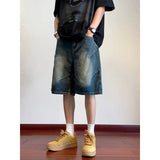 AIDASE  -  American Retro Denim Shorts Vintage Design High Street Style Men's Jeans Loose Straight Leg Mid Length Pants Men aidase-shop