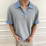 AIDASE  -  Fake Two-piece Men T-shirts Lapel Plaid Design Contrast Color Patchwork Casual Menswear Loose Short Sleeve Male Tees aidase-shop