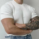 Aidase Summer New Men Thin Knitted T Shirts Slim Fit Elastic Short Sleeve O Neck Tee Fashion Solid Color Ribbed Muscle T-shirt Male