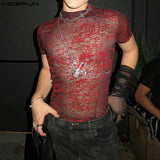 AIDASE  -  Summer New European and American Men's Sexy Perspective High Neck Design Sensual and Fun Short Sleeve T-shirt Top